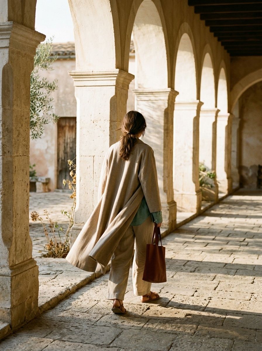 Model in shadow under a colonnade wearing a long unlined sand coat over a pale shirt, face turned away from camera