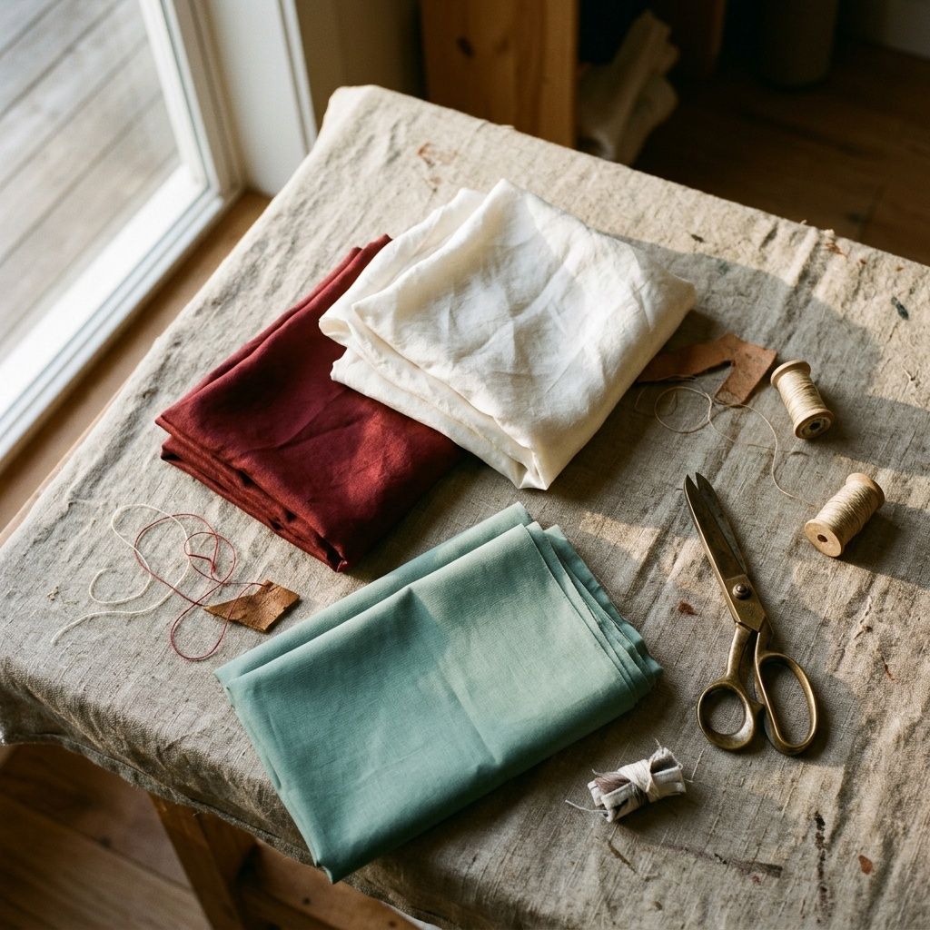 Close-up of folded washed silk and cotton poplin in chalk, sea-glass and oxblood on a linen cutting table