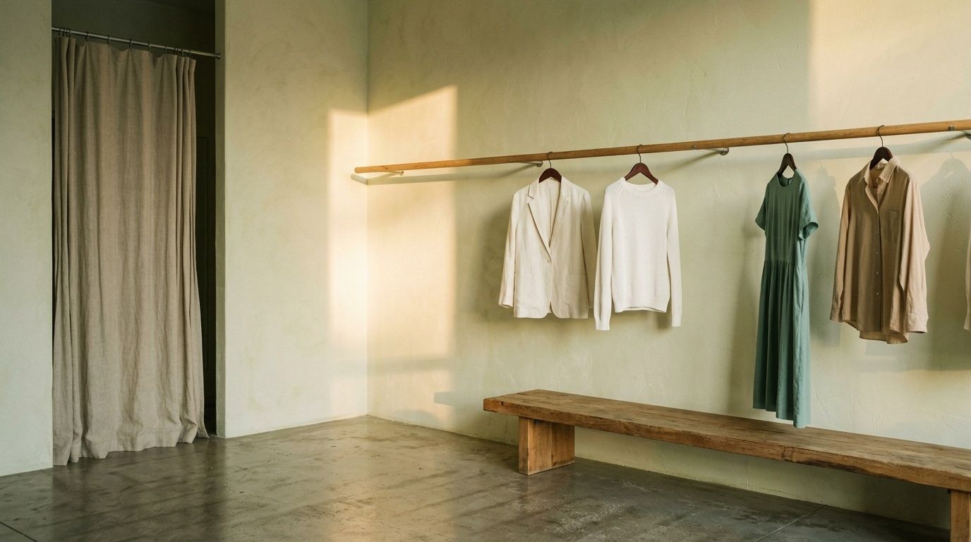 Quiet store interior with lime-plaster walls, a long oak rail holding a few pale garments and a linen curtain across a fitting room